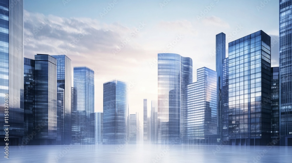 Modern city skyline with reflective skyscrapers.