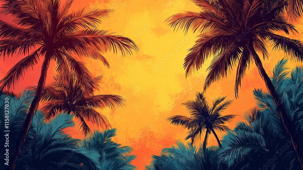 Obraz premium Palm Trees Silhouette Against Vibrant Orange Sunset Sky