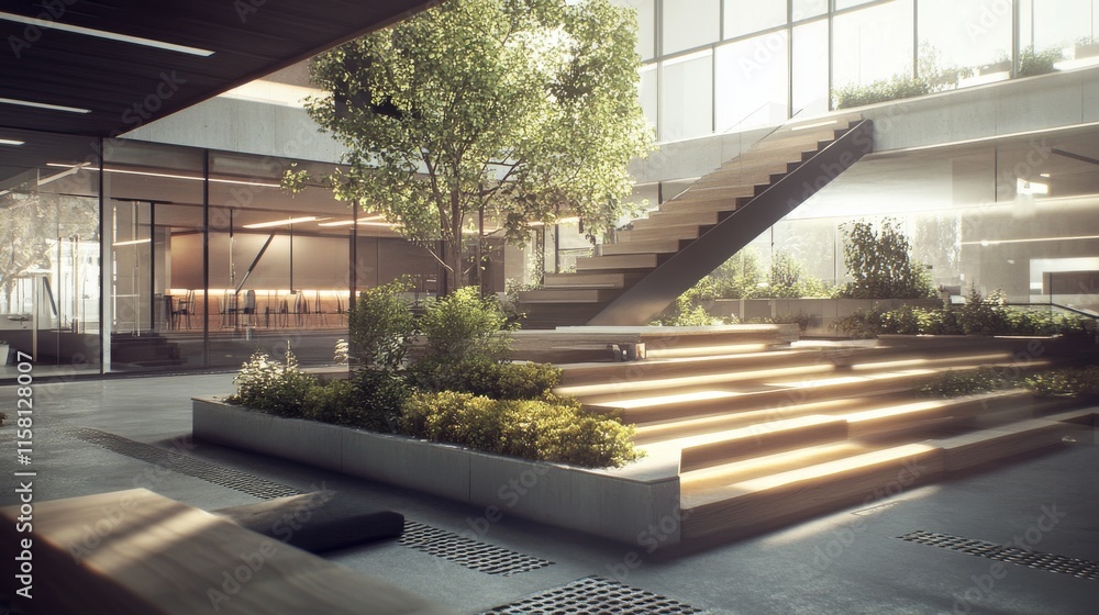 Fototapeta premium Modern indoor space with greenery and staircase.