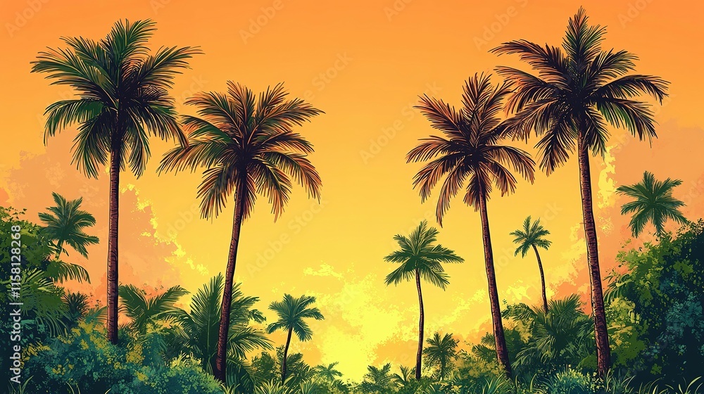 Tropical Palm Trees at Sunset Golden Sky Tropical Palm Trees at Sunset Golden Sky