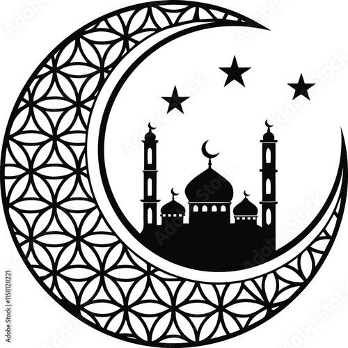 Black-and-white decorative crescent moon with a mosque silhouette and intricate geometric patterns. Perfect for Islamic art, cultural, and spiritual themes.

