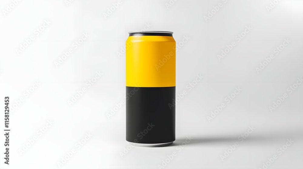 A sleek beverage can with a yellow top half and black bottom half, designed for drinks. A sleek beverage can with a yellow top half and black bottom half, designed for drinks.