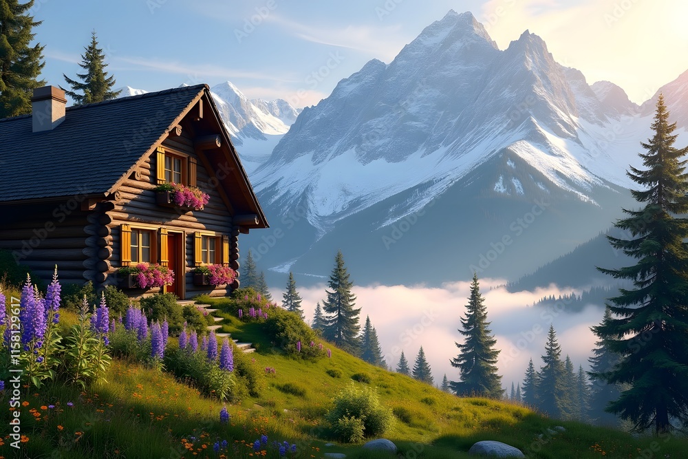 Beautiful panoramic view of cold mountain landscape with mountain cabin filled with mountain wildflowers. Beautiful panoramic view of cold mountain landscape with mountain cabin filled with mountain wildflowers.