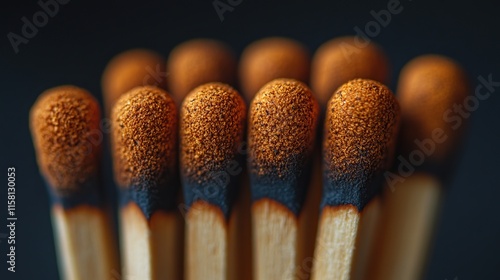 Close-up of burnt matchsticks arranged in a row against a dark background. photo