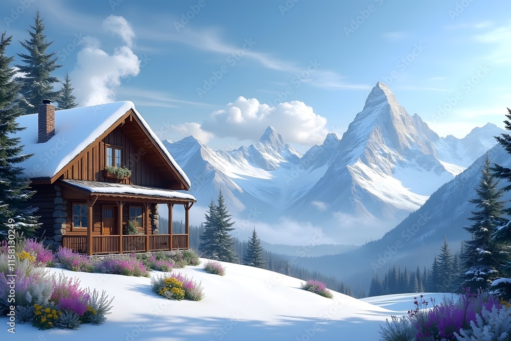 Beautiful panoramic view of cold mountain landscape with mountain cabin filled with mountain wildflowers. Beautiful panoramic view of cold mountain landscape with mountain cabin filled with mountain wildflowers.