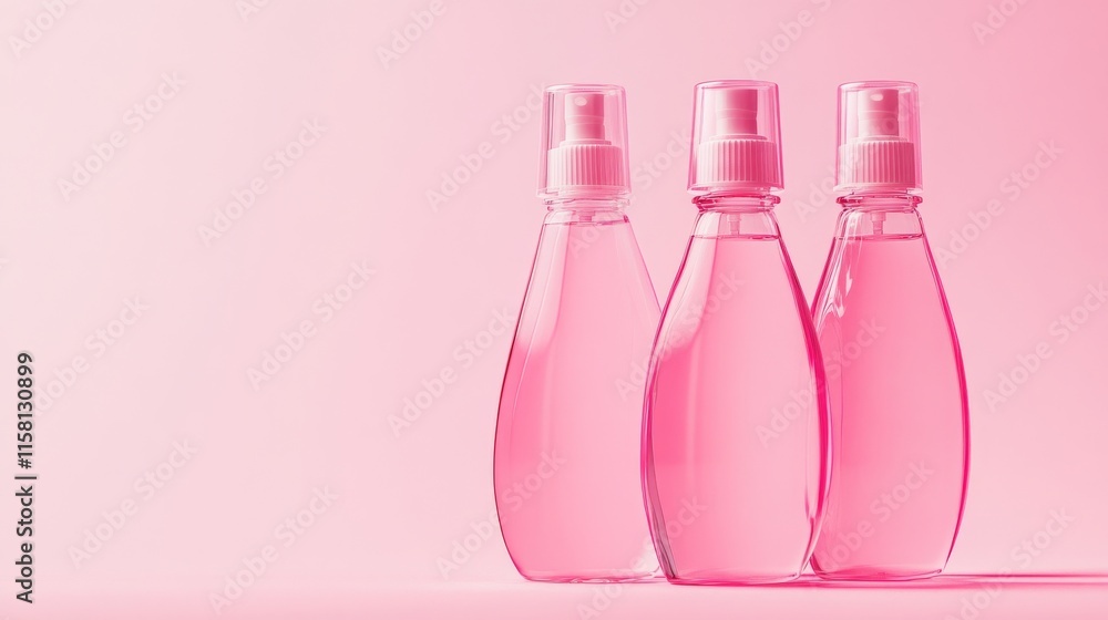 Three pink spray bottles on a soft backdrop. Three pink spray bottles on a soft backdrop.