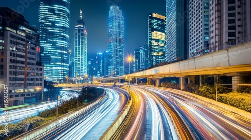 Vibrant city skyline at night with light trails.