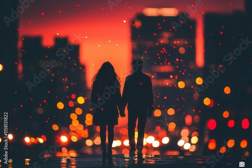 Romantic Couple at Sunset in City Background