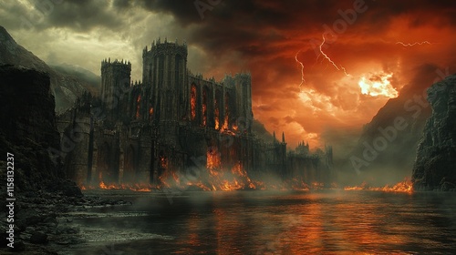 Fiery storm ravages gothic castle by dark river. photo