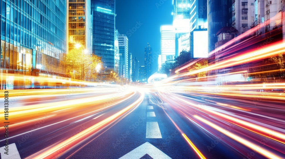 Fototapeta premium Dynamic city traffic at night with light trails.