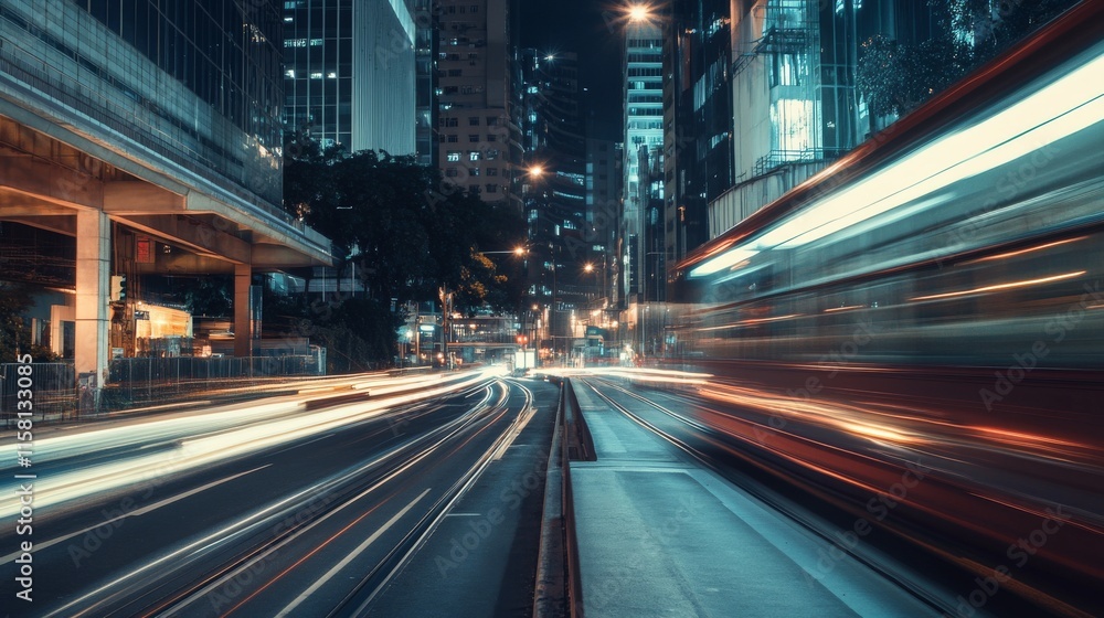 Dynamic city traffic at night with light trails.