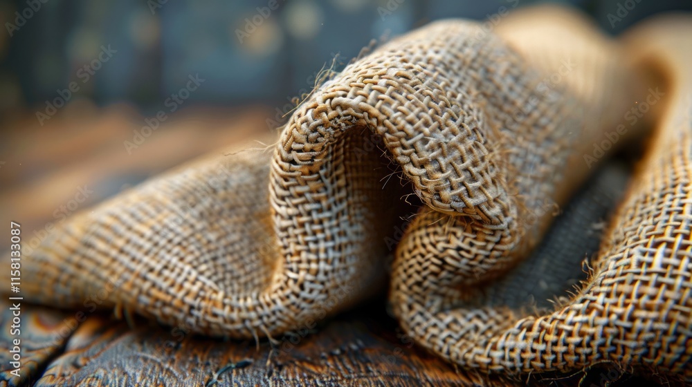 Fototapeta premium Close-up of rustic burlap fabric texture on wooden surface.
