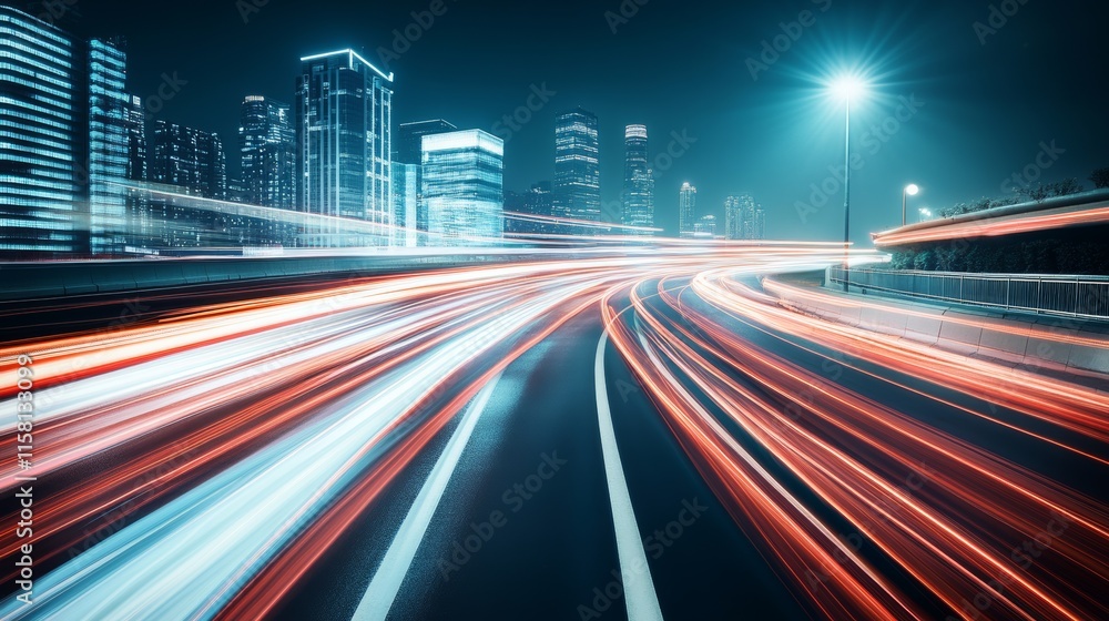 Dynamic city traffic at night with light trails. Dynamic city traffic at night with light trails.