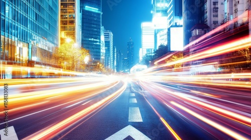 Dynamic city traffic at night with light trails. photo