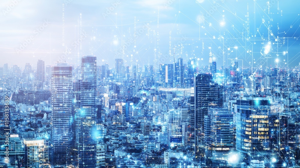Futuristic city skyline with digital overlay. Futuristic city skyline with digital overlay.