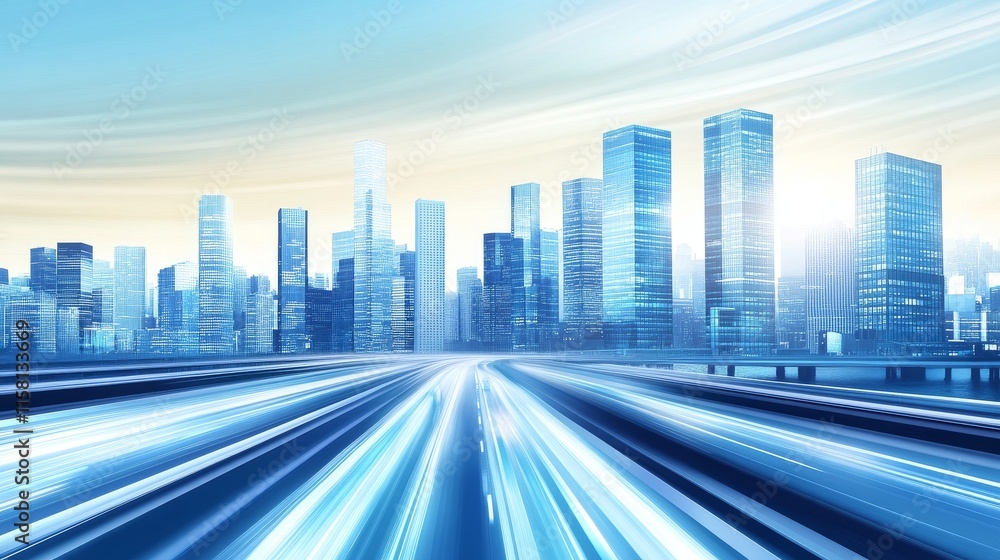 Obraz premium Futuristic city skyline with dynamic light trails.