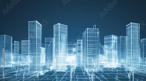 Futuristic city skyline with digital overlay.