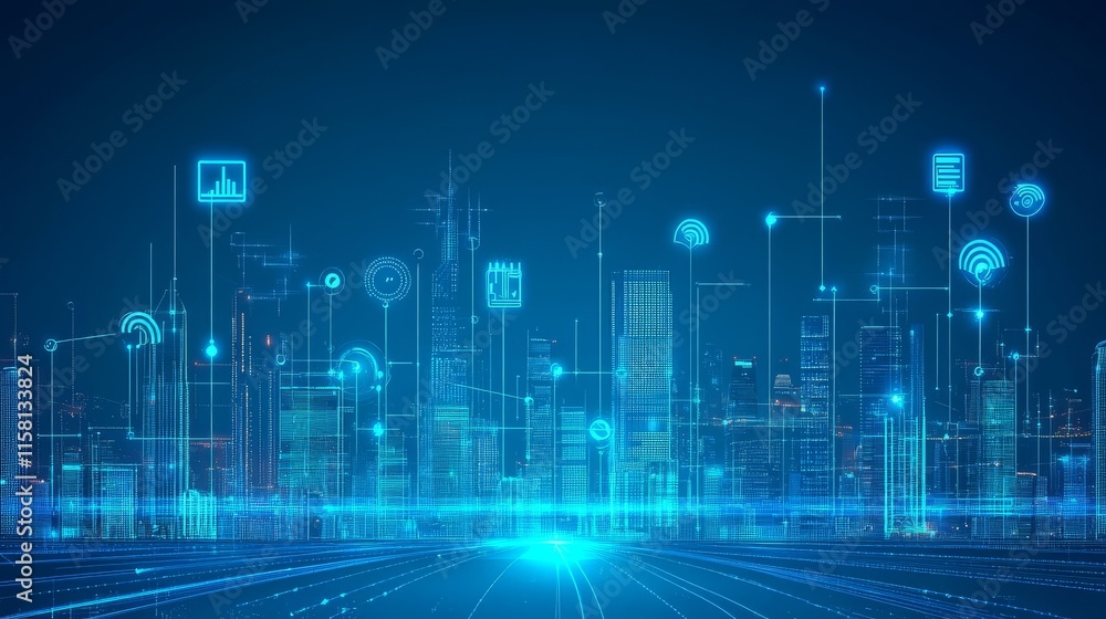 Futuristic digital city skyline with icons. Futuristic digital city skyline with icons.