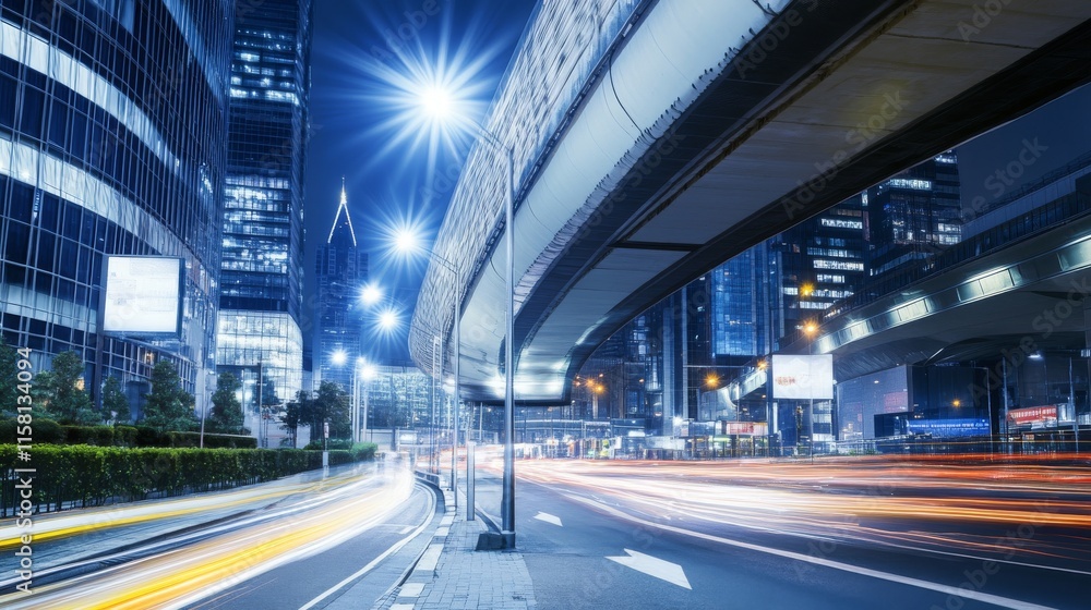 Naklejka premium Illuminated cityscape with busy traffic at night.