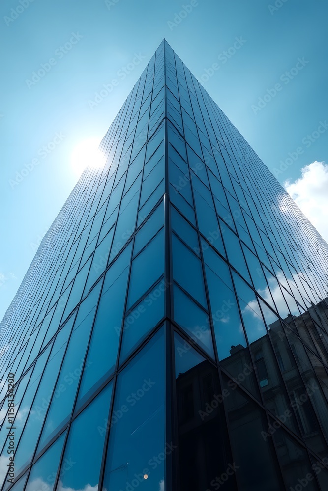 Office building wall reflects blue light, very low angle of view Office building wall reflects blue light, very low angle of view