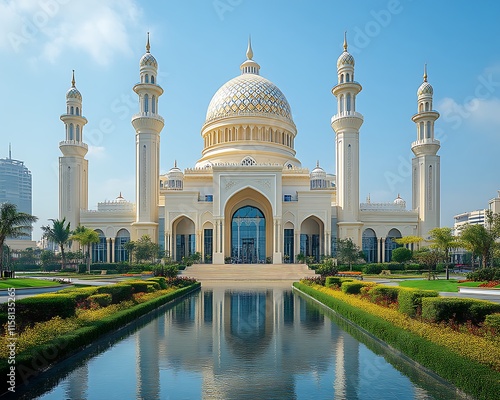 Majestic white mosque reflecting in a pool. photo