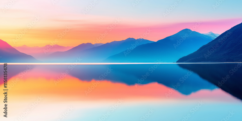 Obraz premium Colorful Sunset Over Calm Lake with Mountains