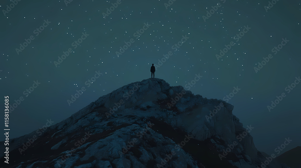 Night sky wonder captivating a lone figure atop a majestic mountain as stars twinkle brightly and horizons glimmer with colors. generative ai. Glimmer. Illustration Night sky wonder captivating a lone figure atop a majestic mountain as stars twinkle brightly and horizons glimmer with colors. generative ai. Glimmer. Illustration
