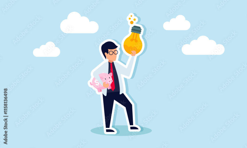 A Businessman like professor holding a piggy bank and a compound liquid inside a lamp, illustration of formulas in business ideas and innovations to boost profit and revenue A Businessman like professor holding a piggy bank and a compound liquid inside a lamp, illustration of formulas in business ideas and innovations to boost profit and revenue