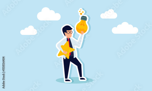 A Businessman like professor holding a star and a compound liquid inside a lamp, illustration of formulas in business ideas and innovations to improve product quality and performance