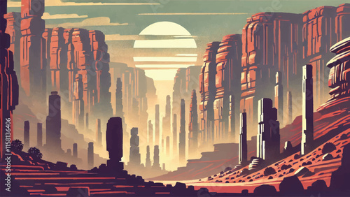 Landscape illustration of Wulingyuan, China, an area with thousands of towering sandstone pillars, often shrouded in mist, creates a mystical landscape 