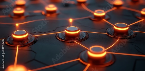 A close-up of interconnected nodes with glowing orange accents on a dark surface.
