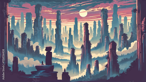 Landscape illustration of Wulingyuan, China, an area with thousands of towering sandstone pillars, often shrouded in mist, creates a mystical landscape 