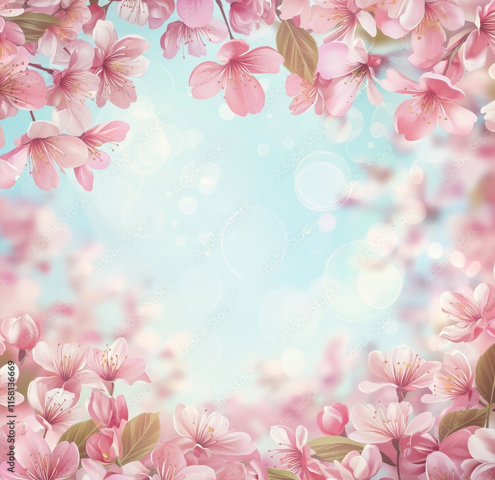 Naklejka premium Pink Cherry Blossom Frame on Soft Blue Background