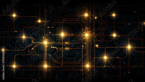 An artistic depiction of a circuit machine, where thin golden circuit traces glow softly against a dark black background photo