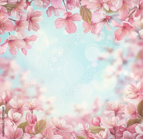 Pink Cherry Blossom Frame on Soft Blue Background