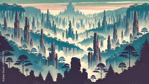 Landscape illustration of Wulingyuan, China, an area with thousands of towering sandstone pillars, often shrouded in mist, creates a mystical landscape 