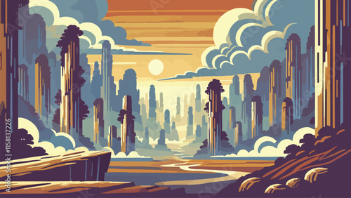 Landscape illustration of Wulingyuan, China, an area with thousands of towering sandstone pillars, often shrouded in mist, creates a mystical landscape 