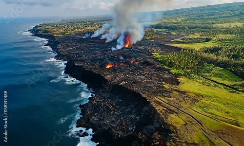 Aerial view of volcanic eruption on a coastline, lava flows into the ocean. photo