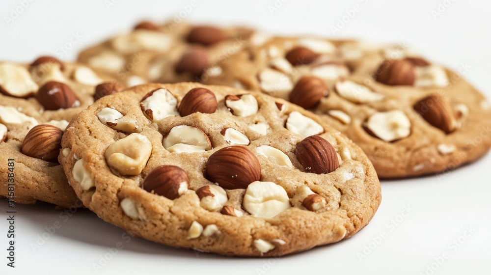 Hazelnut cookies, side view highlighting whole nuts embedded in dough, realistic detail, isolated on white background Hazelnut cookies, side view highlighting whole nuts embedded in dough, realistic detail, isolated on white background