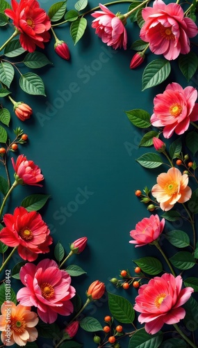 Continuous flowing arrangement of vibrant flowers and foliage , illustration, blossom, lively