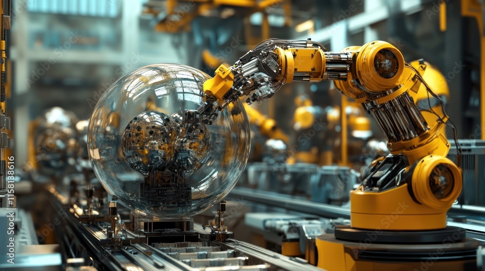 Fototapeta premium Factory robots working in harmony to produce stock balls, futuristic design 