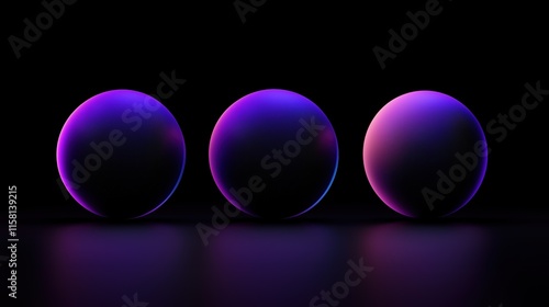 Three glowing neon spheres with gradient purple and pink hues on a black reflective surface futuristic abstract digital art for modern design projects photo