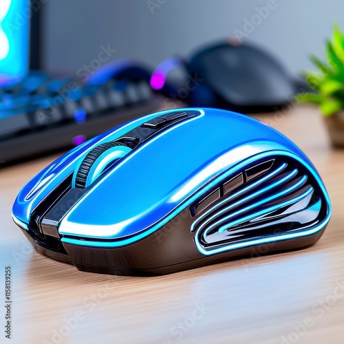 Modern Blue Gaming Mouse on Wooden Desk in Stylish Workspace