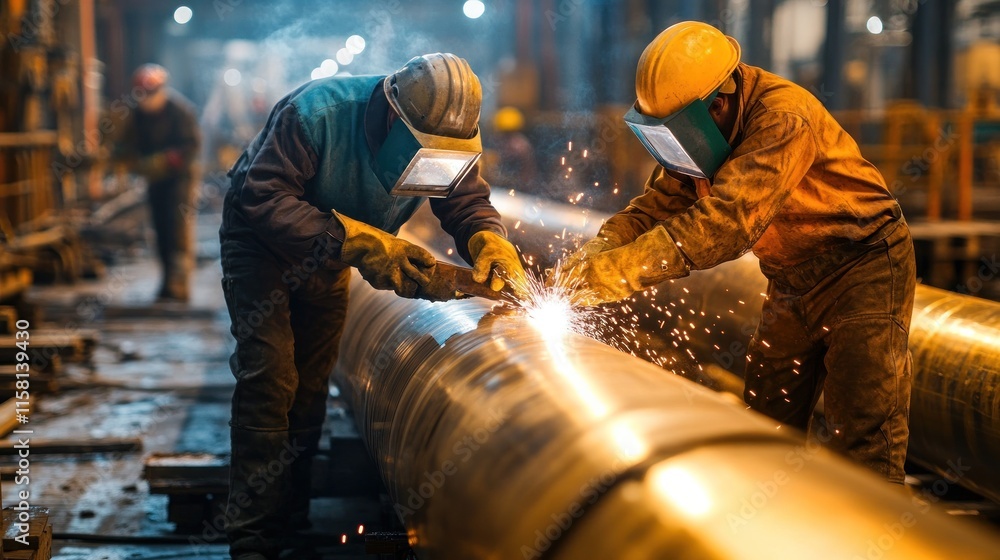 Workers welding industrial pipelines, sparks flying, the glow of molten metal illuminating the workshop Workers welding industrial pipelines, sparks flying, the glow of molten metal illuminating the workshop