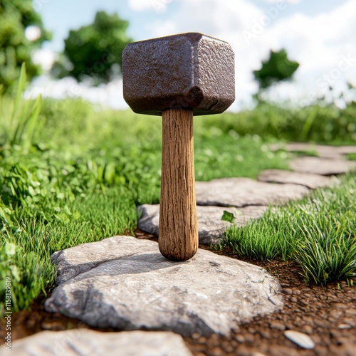 Rustic Stone Mallet on Garden Pathway Surrounded by Greenery