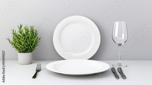 Elegant Table Setting with White Plates, Glass, and Green Plant