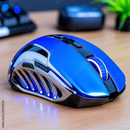 Sleek Modern Gaming Mouse with LED Lights on Wooden Desk