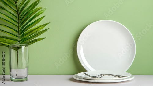 Minimalist Table Setting with White Plates and Green Background