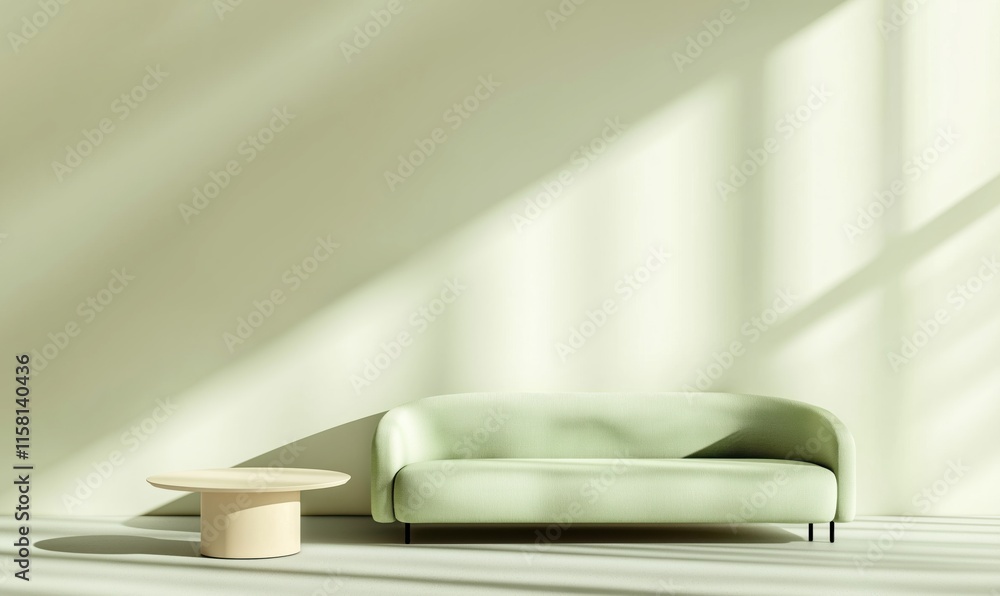 Modern Minimalist Interior with Green Sofa and Coffee Table Modern Minimalist Interior with Green Sofa and Coffee Table