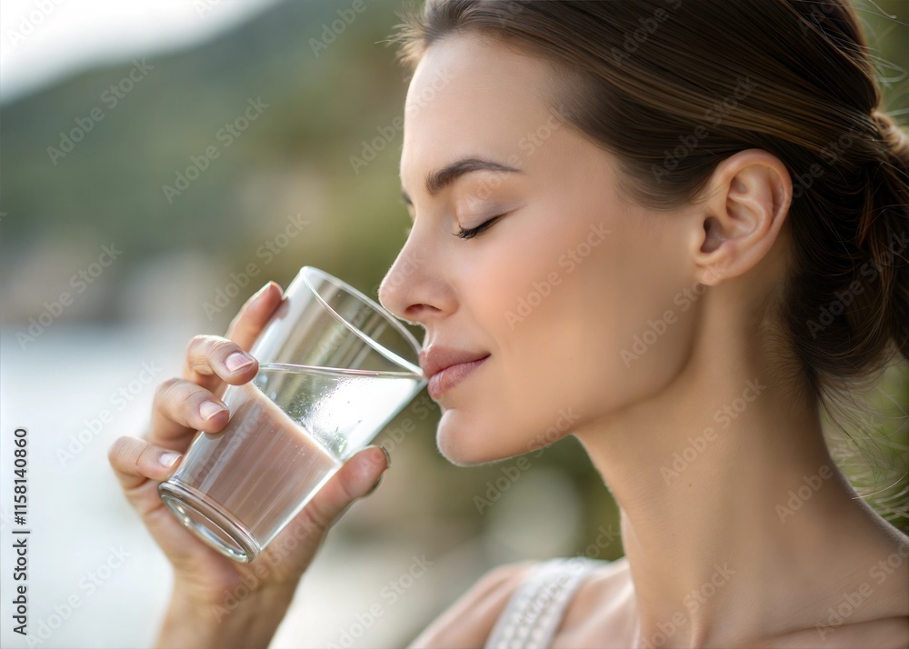 Close-up Portrait of a Woman Drinking Water from a Glass - Refreshing Hydration Moment Close-up Portrait of a Woman Drinking Water from a Glass - Refreshing Hydration Moment